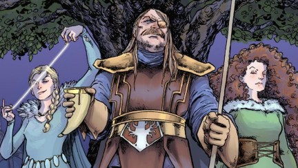 Odin, Freyja, and Frigg stand in front of Yggdrasil on the cover of Asgardians: Odin.