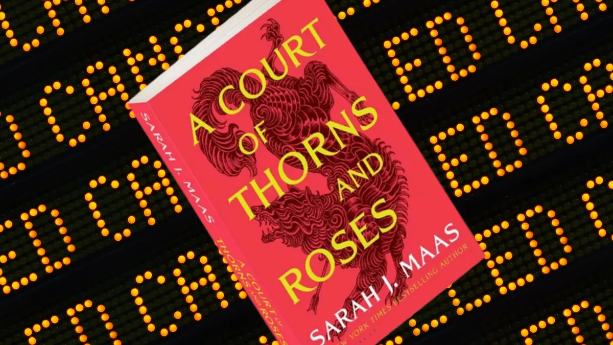 The book cover of A Court of Thorns and Roses imposed over a board with the word canceled displayed repeatedly
