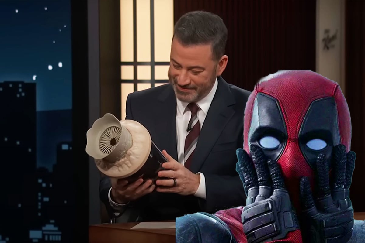 Wade Wilson looking shocked with Jimmy Kimmel behind him holding the Dune popcorn bucket