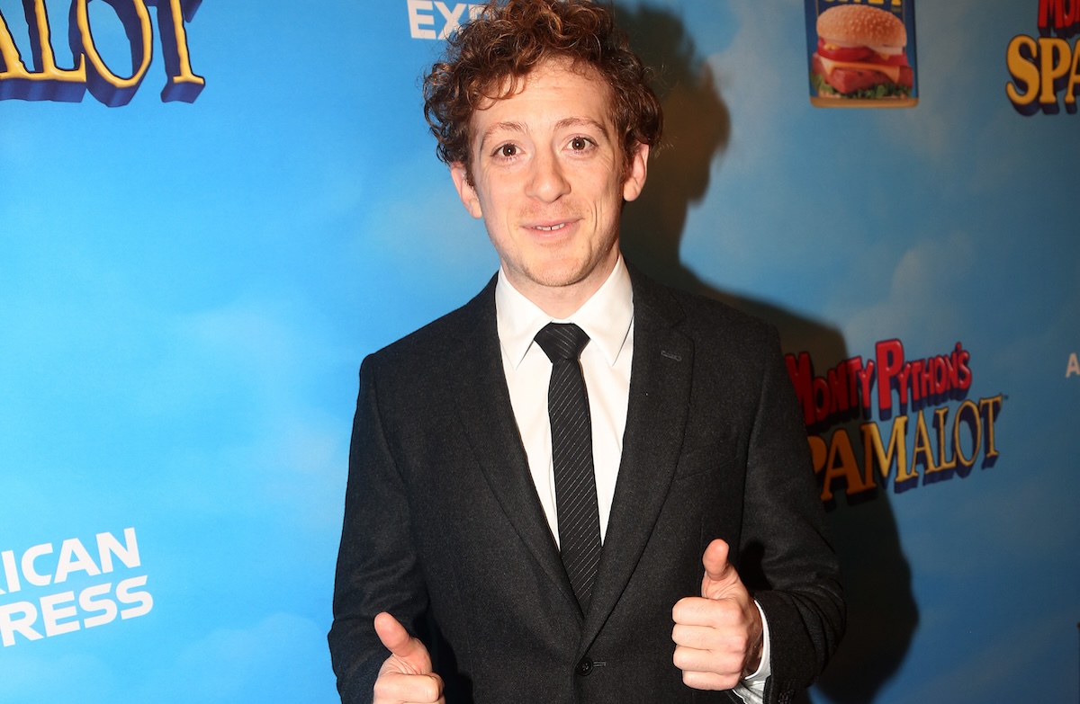 Ethan Slater standing giving the thumbs up at the opening night of Spamalot