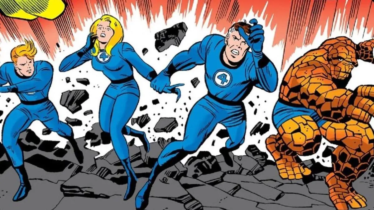 The Fantastic Four run from an explosion in a comic book panel from the comic's early days.