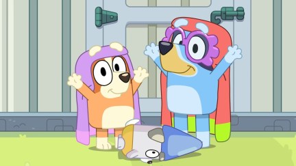 Bingo and Bluey hold up their arms, with blankets draped over their heads and a garden gnome lying on its side on the floor. Bluey is wearing purple glasses.