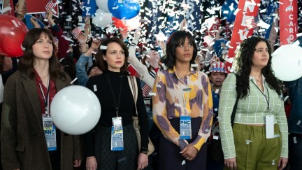 Melissa Benoist, Carla Gugino, Christina Elmore and Natasha Behnam stand in the middle of an election party surrounded by confetti and balloons.