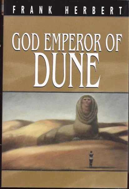 Vintage cover of Frank Herbert's God Emperor of Dune, showing a sandworm with a human face.