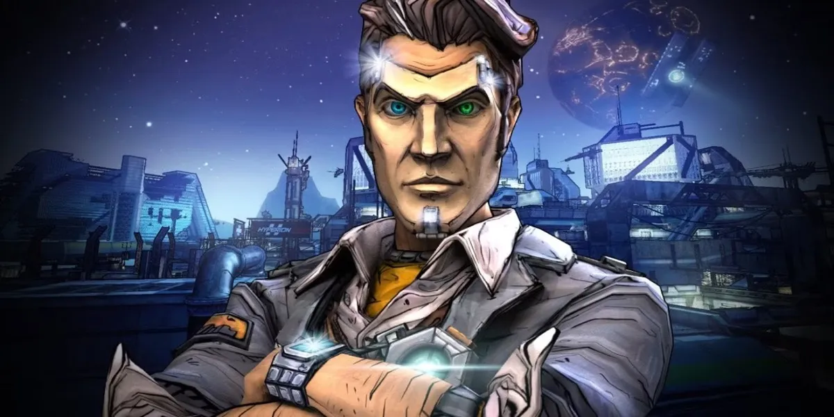 Handsome Jack standing with arms folded in a poster for "Borderlands"