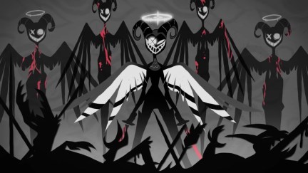 Several exorcists stand together in Hazbin Hotel. The center one has wings that look like Lute's.
