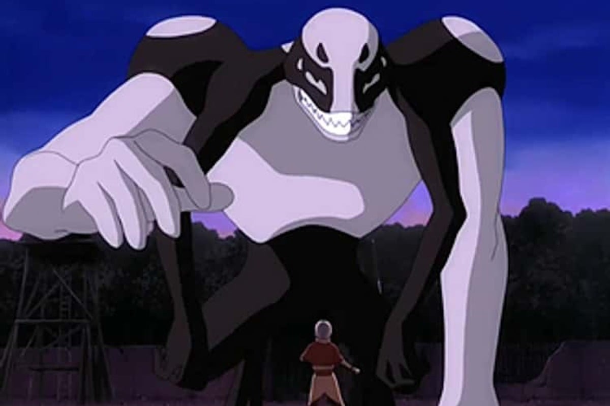 A large black and white creature looms over a figure.