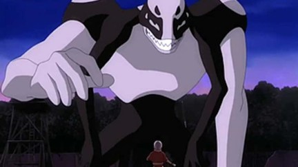 A large black and white creature looms over a figure.