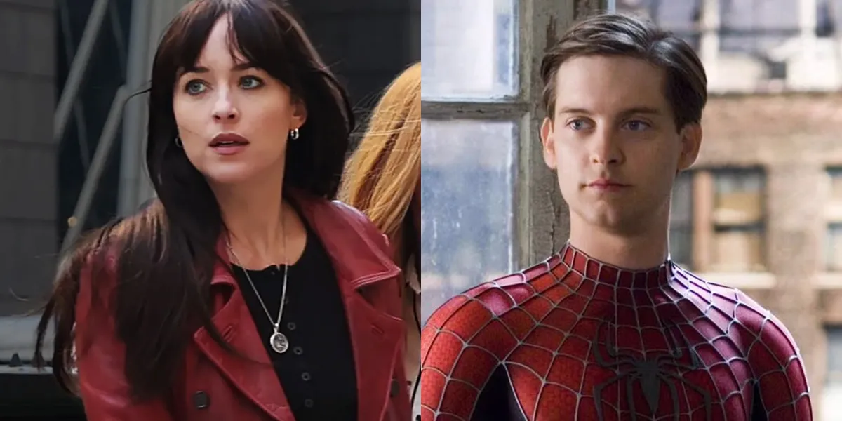 Dakota Johnson standing and looking confused and Tobey Maguire standing by a window