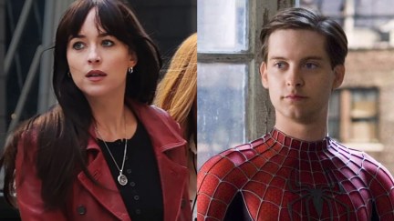 Dakota Johnson standing and looking confused and Tobey Maguire standing by a window