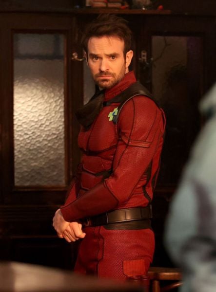 Charlie Cox as Matt Murdock, wearing his Daredevil suit without the cowl.