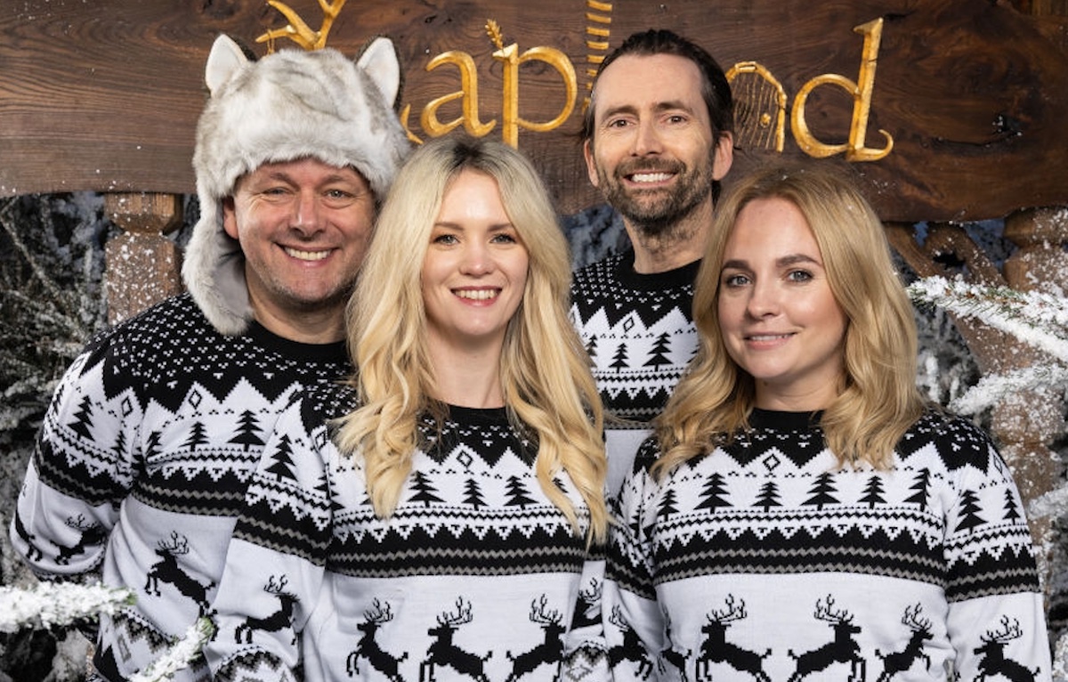 Michael Sheen, Anna Lundberg, David Tennant, and Georgia Tennant wear matching holiday Christmas sweaters