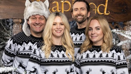 Michael Sheen, Anna Lundberg, David Tennant, and Georgia Tennant wear matching holiday Christmas sweaters