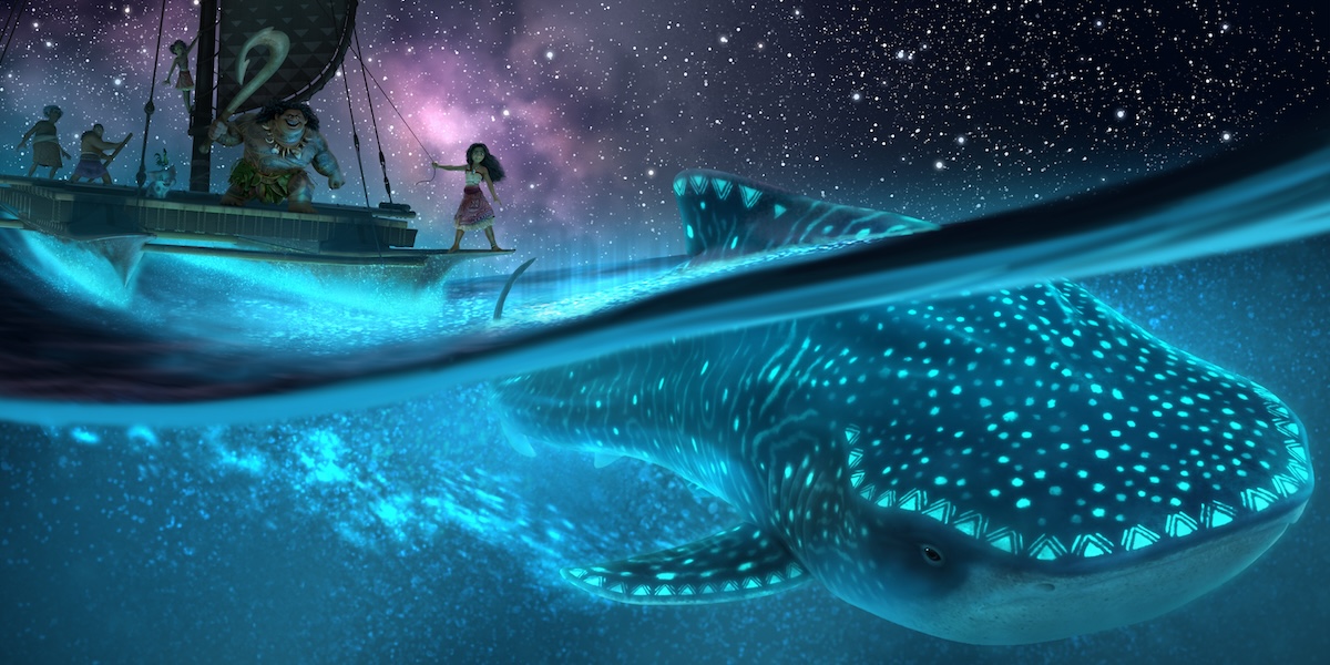 Moana sails a canoe with Maui behind her. A large whale covered in glowing designs swims underneath the canoe.