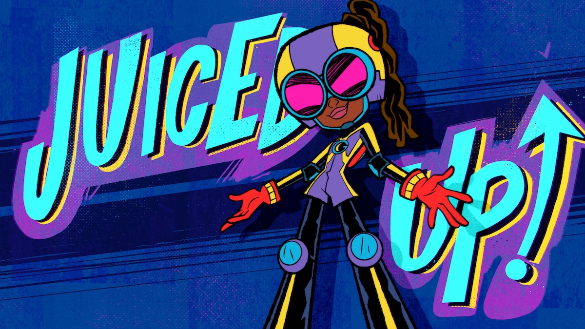 Moon Girl poses in front of the words "Juiced Up."