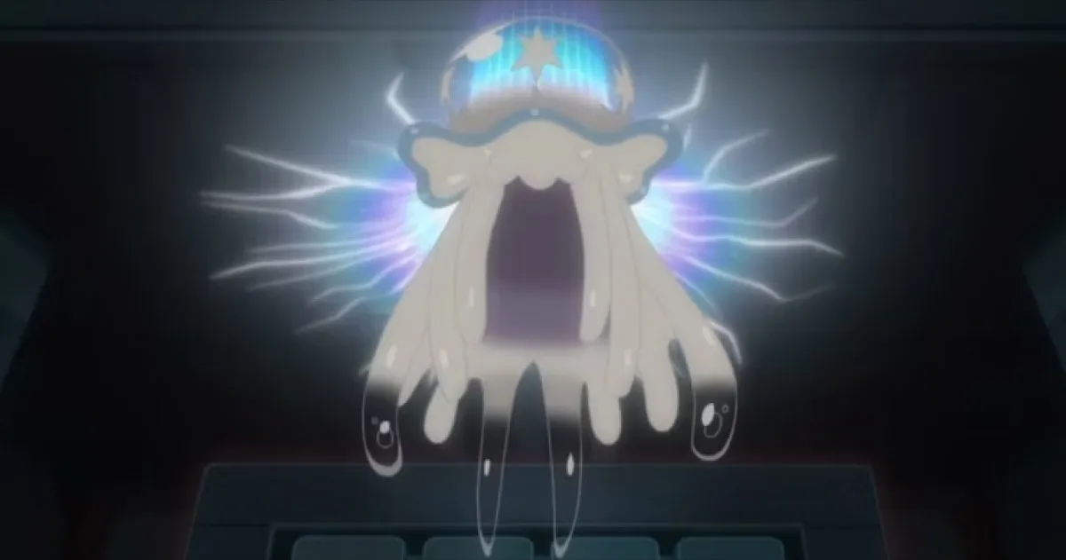 Nihilego crackling with electricity in "Pokemon"