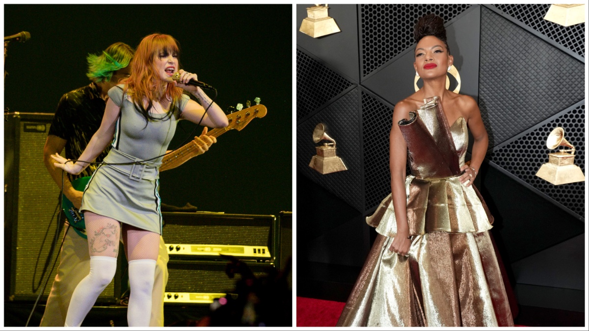 left image: Paramore's Hayley Williams performs. Right image: Allison Russell walks the red carpet at the Grammys.