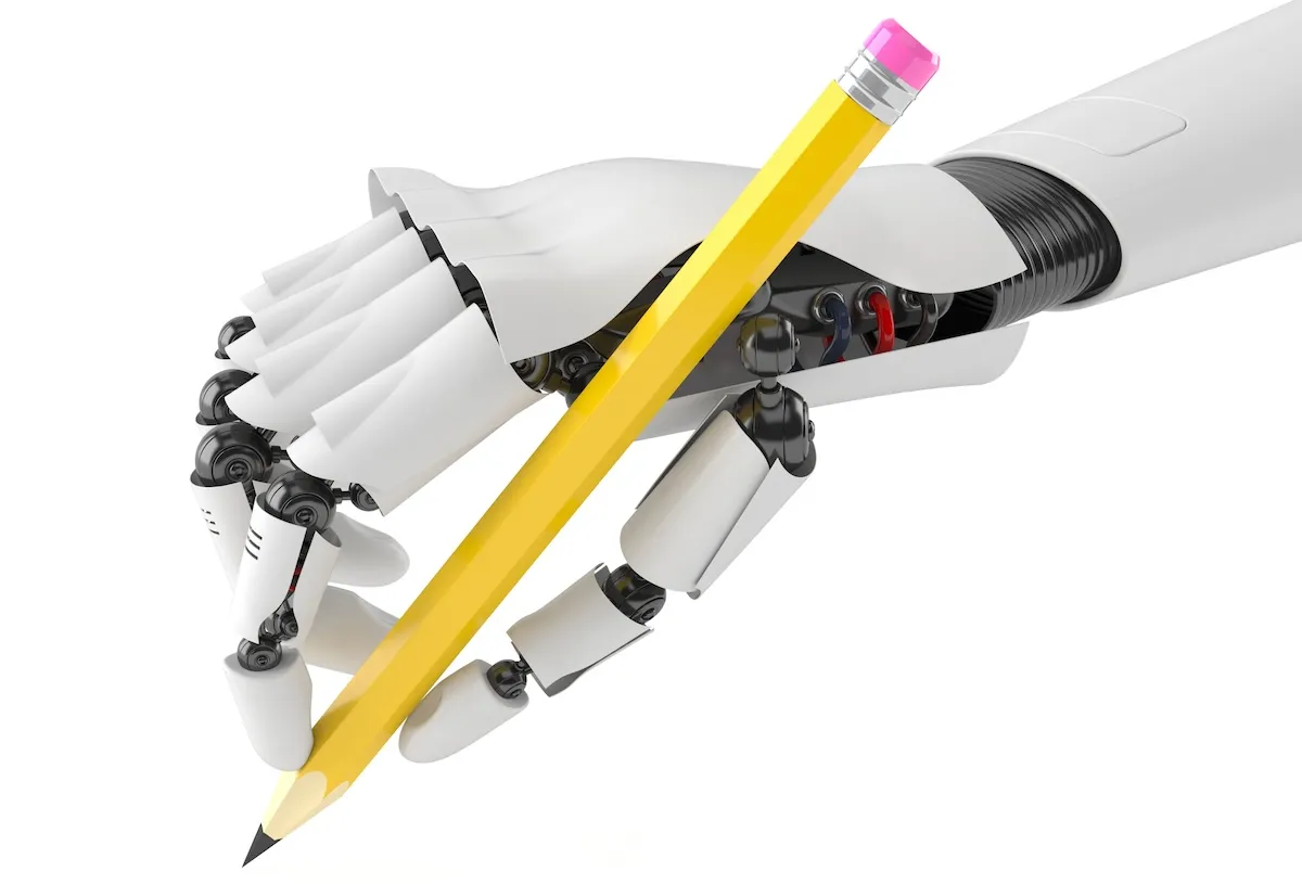A robotic hand holds a pencil.
