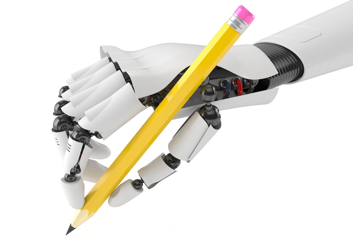 A robotic hand holds a pencil.