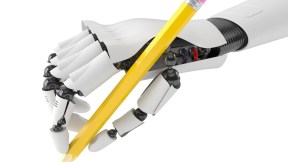 A robotic hand holds a pencil.