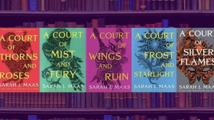 Book covers imposed over an illustration of a full bookcase cast in purple light.
