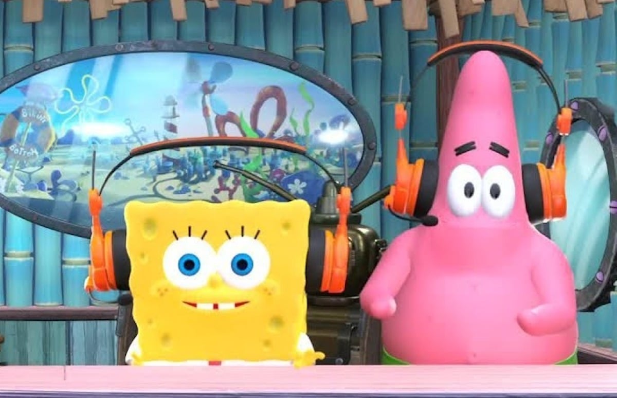 SpongeBob and Patrick with headphones on during their Super Bowl broadcast.