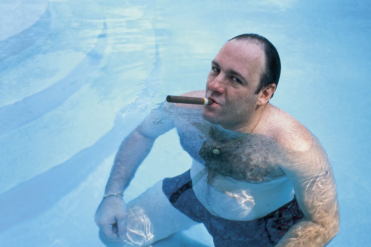 Tony Soprano in a pool with a cigar in his mouth