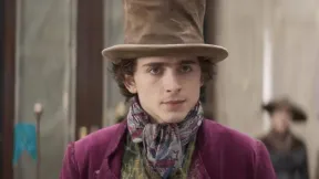 Timothee Chalamet frowns as Willy Wonka.