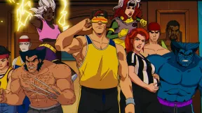 The X-Men stand in a doorway, ready for battle, wearing basketball uniforms.