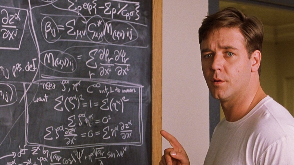 Russell Crowe in front of a chalkboard full of scribbles in A Beautiful Mind