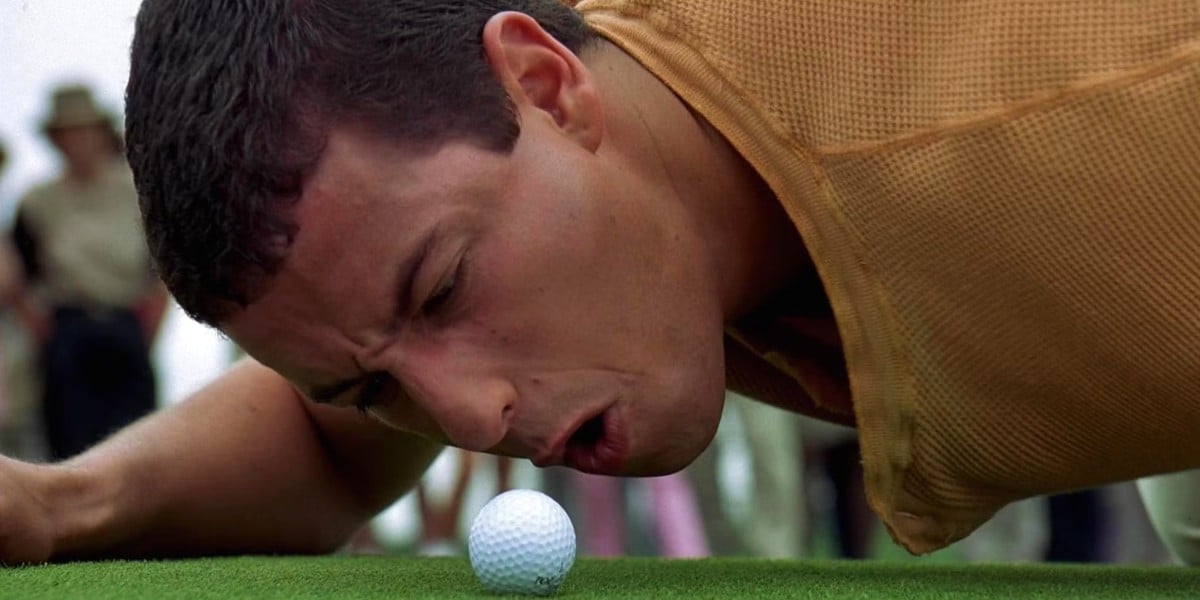 Adam Sandler as Happy Gilmore yelling at a golf ball in Happy Gilmore