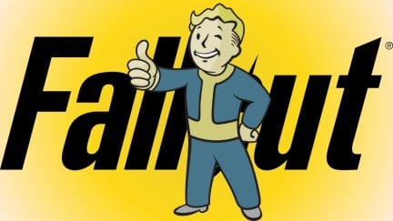 Vault Boy poses with his thumb up in front of the Fallout logo