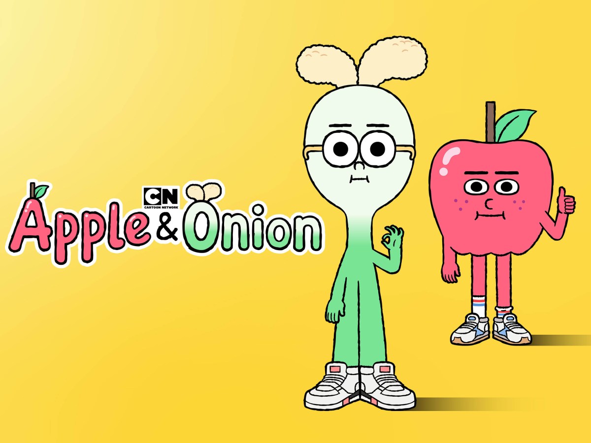 An animated green onion with tennis shoes and glasses is standing next to an animated apple in tennis shoes. Beside them are the words "Apple & Onion".