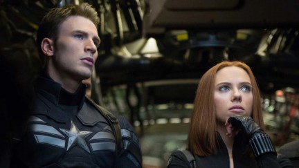 Chris Evans as Steve Rogers/Captain America and Scarlet Johannson as Natasha Romanoff/Black Widow in Captain America: The Winter Soldier