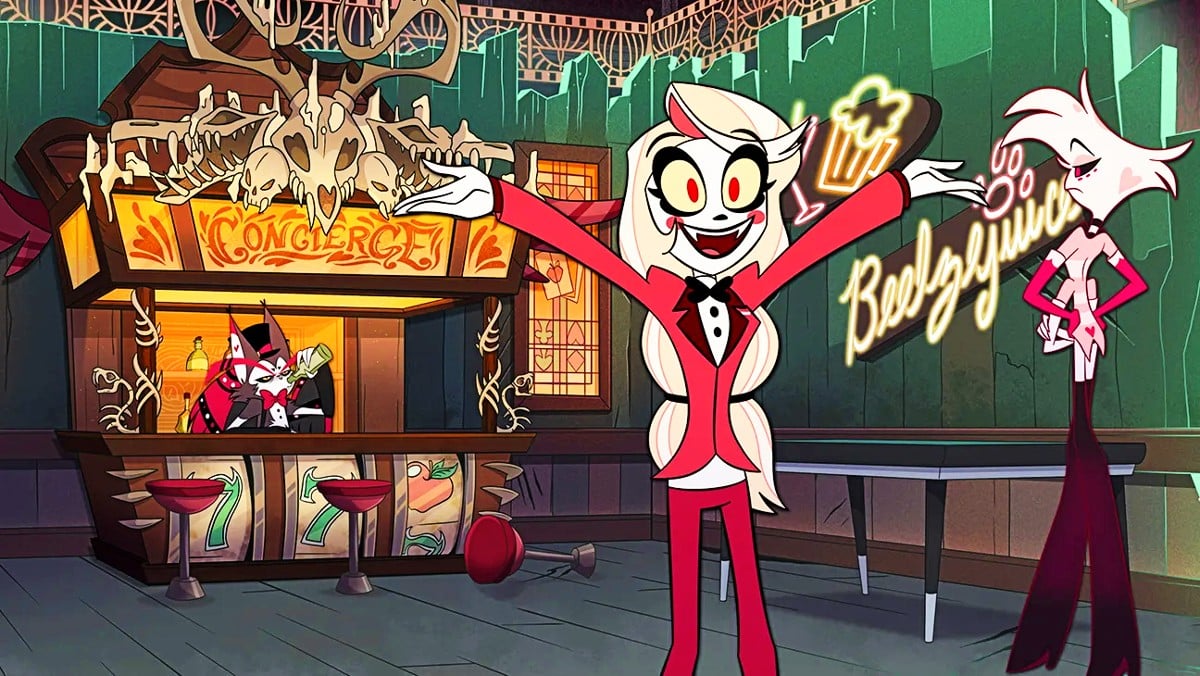 Charlie Morningstar in Hazbin Hotel with Angel and Husk in the background