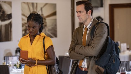 Shantol Jackson as DS Naomi Thomas and Ralf Little as DI Neville Parker questioning a suspect in Death in Paradise