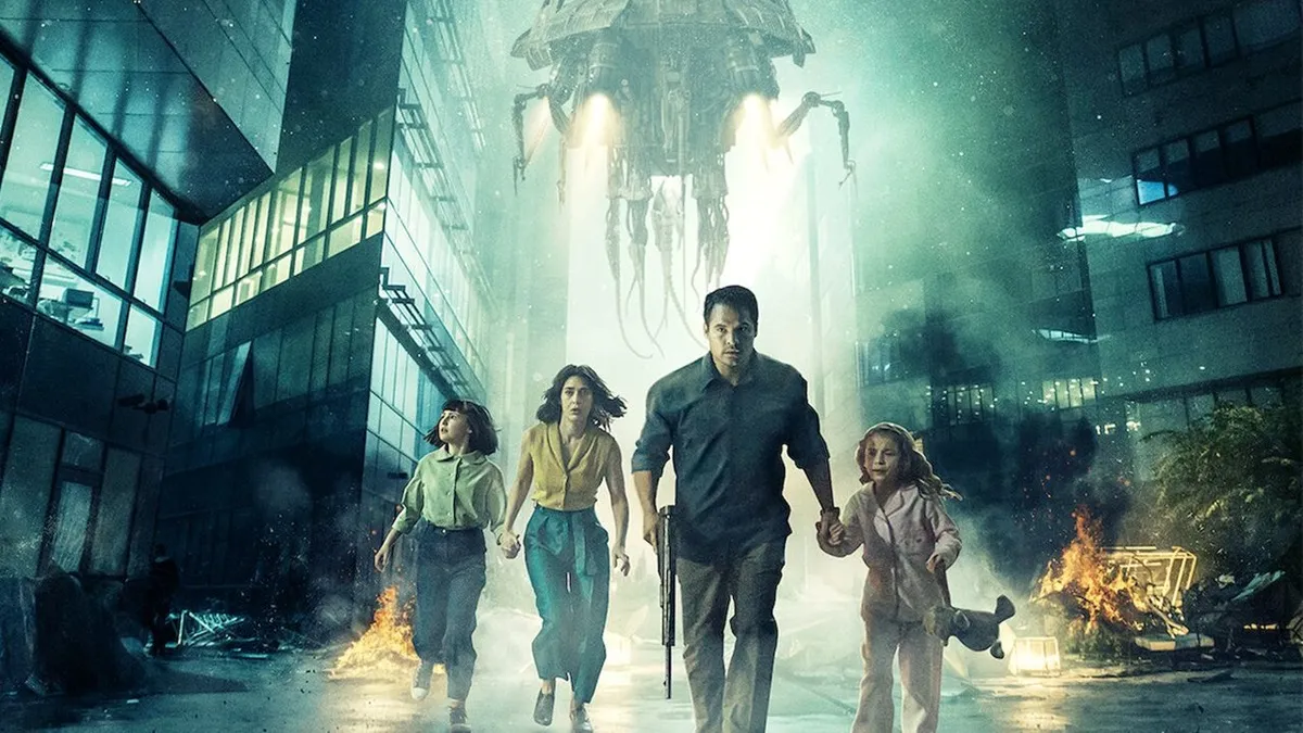 a family flees a monstrous alien in the background
