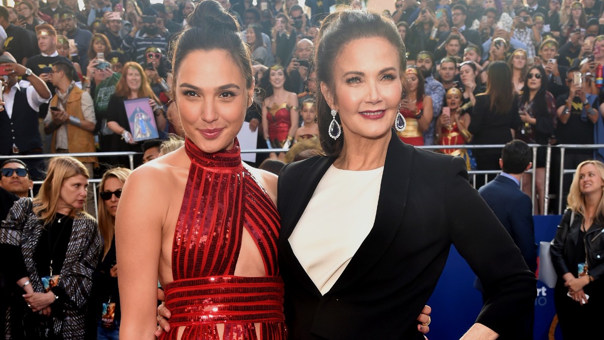 Gal Gadot and Lynda Carter posing at the premiere of Wonder Woman