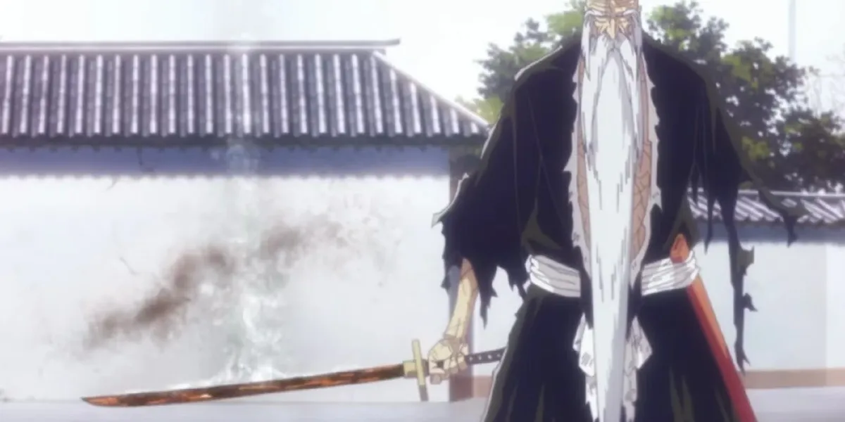 Genryusai Yamamoto wears ripped clothes and holds a sword in "Bleach"