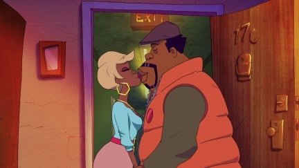 Beverly (Yvette Nicole Brown) and Reggie (JB Smoove) share a kiss in Netflix's animated 'Good Times' reboot