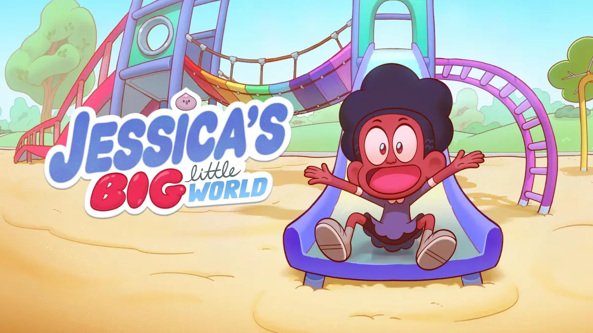 A young Black girl wearing a purple dress is coming down a playground slide. Next to her there is a block of text that says, "Jessica's Big Little World."