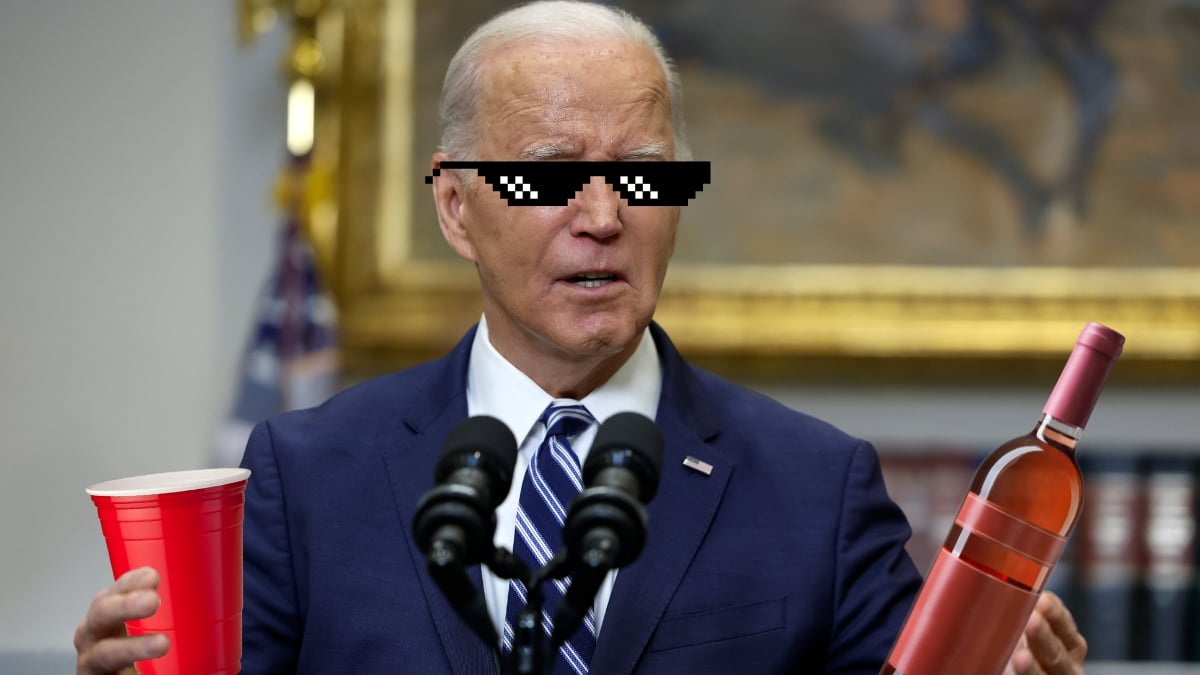 A photo of President Joe Biden edited with fake sunglasses, a red Solo cup, and a bottle of wine