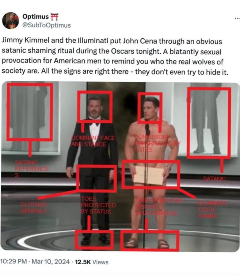 A social media post featuring a photo of John Cena with Jimmy Kimmel at the 2024 Oscars, along with text that allegedly helps explain why Cena's appearance is part of a conspiracy theory