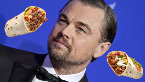 Leonardo DiCaprio flanked by photos of burritos