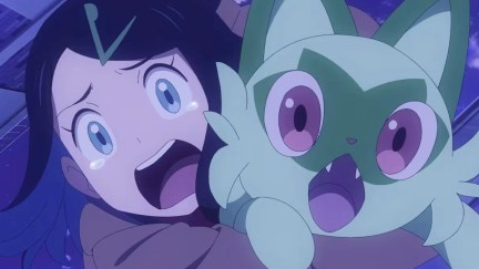 Liko and Sprigatito screaming in Pokémon Horizons: The Series