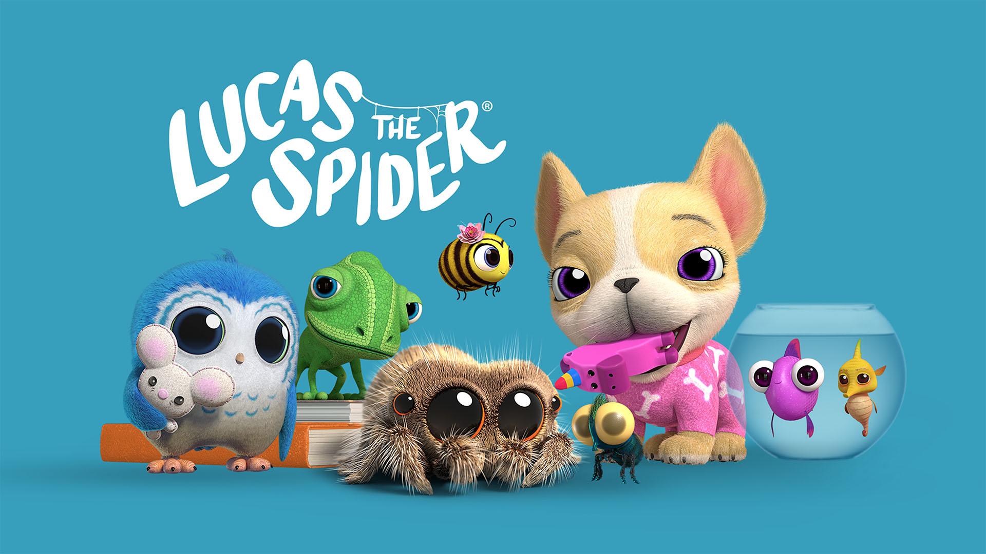 A series of animated creatures all standing next to each other: a bluebird, a lizard, a bee, a spider, a fly, a puppy, and a bowl with two fish. 