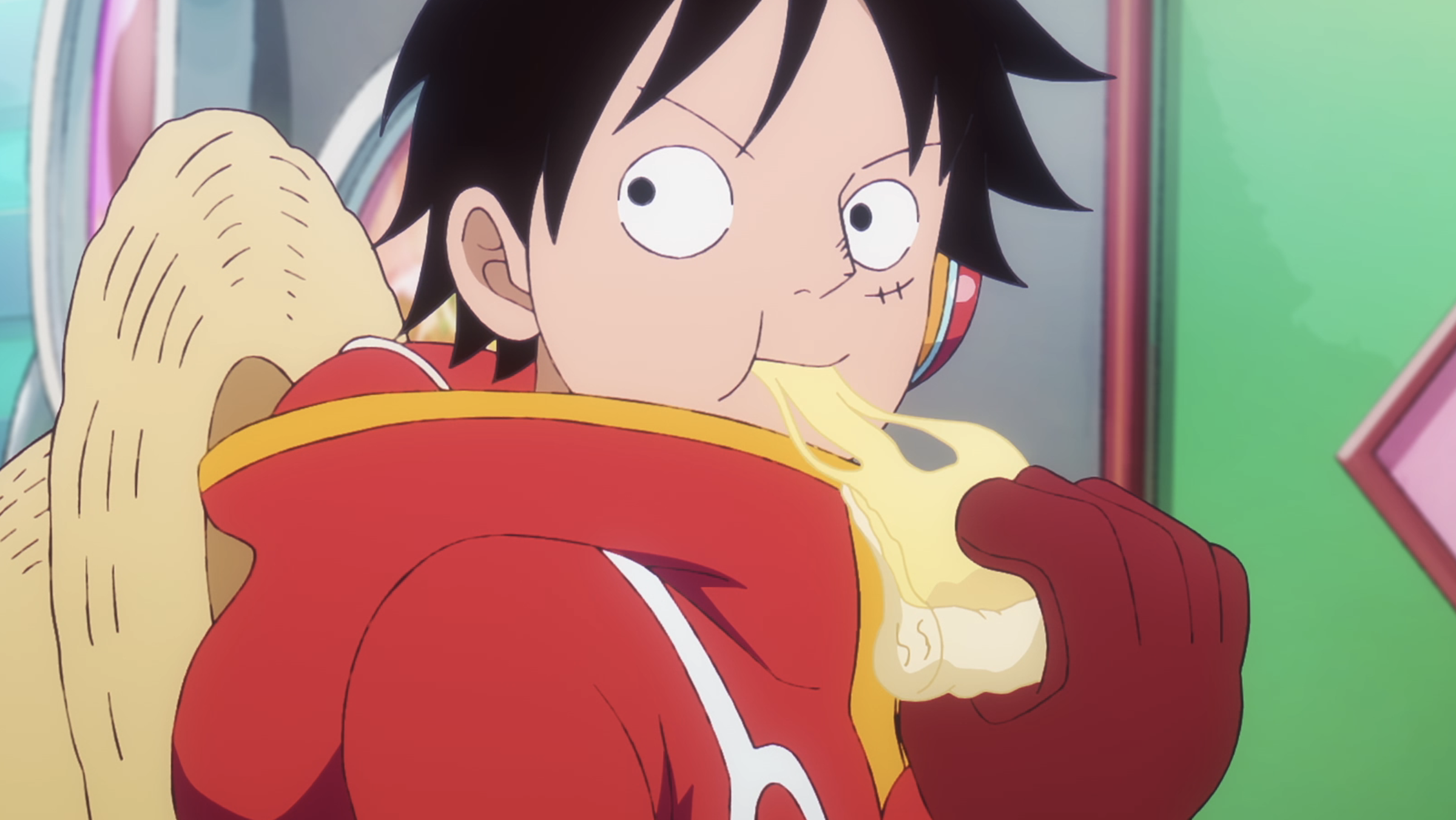 Luffy nomming on some pizza on Egghead