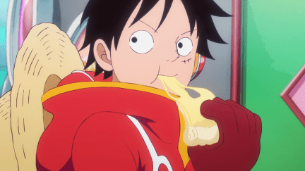 Luffy nomming on some pizza on Egghead