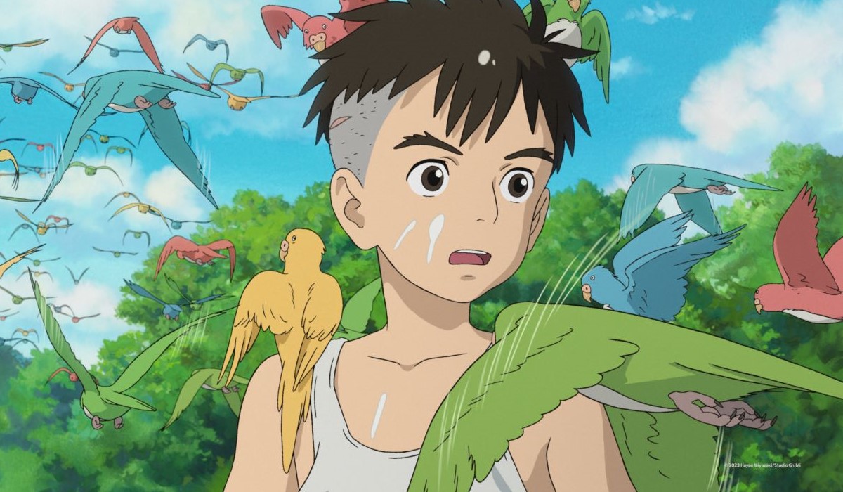 Mahito leaving the tower with a flight of birds, ending of The Boy and The Heron