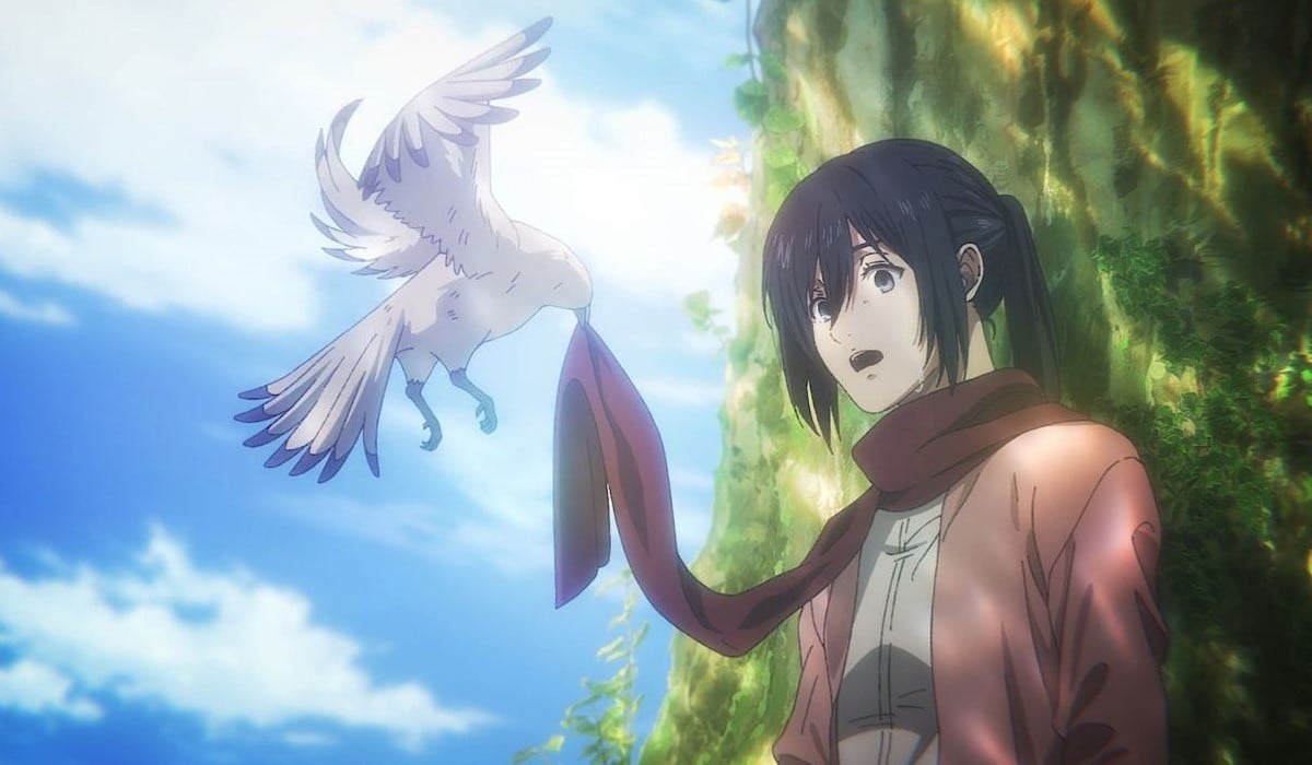 A bird wrapping Mikasa's scarf around her neck from Attack on Titan Season 4, last episode.